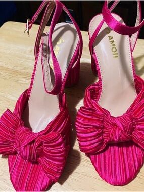 AMO Hot Pink Satin Knot Ankle-Strap Block Heels